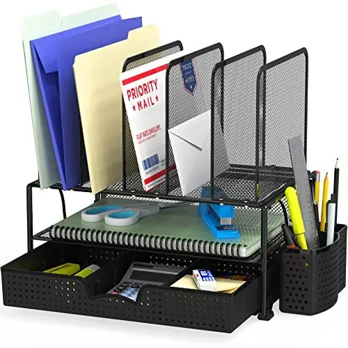 Mesh Desk Organizer with Sliding Drawer, Double Tray and 5 Upright Black