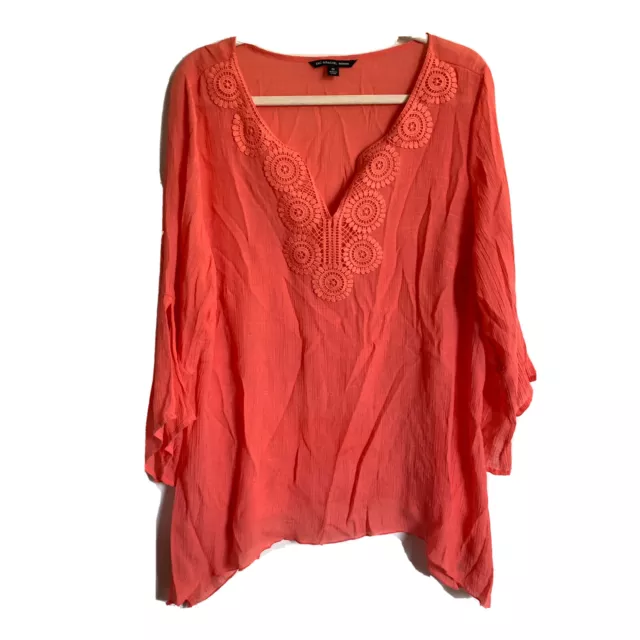 Zac & Rachel Womens Plus Size 2X Orange Gauze Embroidered Neck Blouse Top