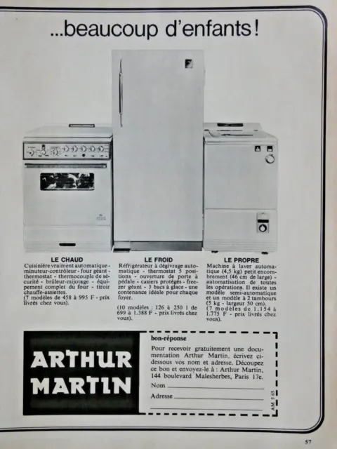 PUBLICITÉ DE PRESSE 1965 Arthur Martin cuisinière réfrigérateur machine à laver