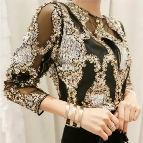 Womens Chic Black Lace Sequins Beads Perspective Blouses Fashion Party Tops