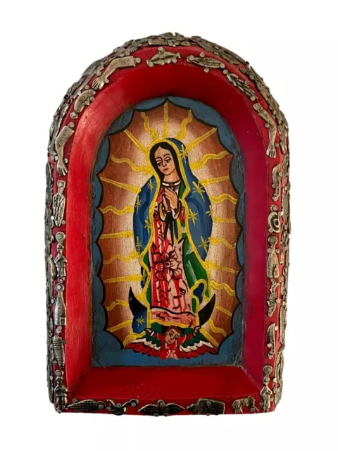 VIRGIN GUADALUPE NICHO w Milagro Charms, Batea Retablo, Red ExVotos