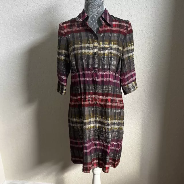 Trina Turk Women Pintuck 3/4 Sleeve Striped Button Down Shirt Dress size 4 Silk