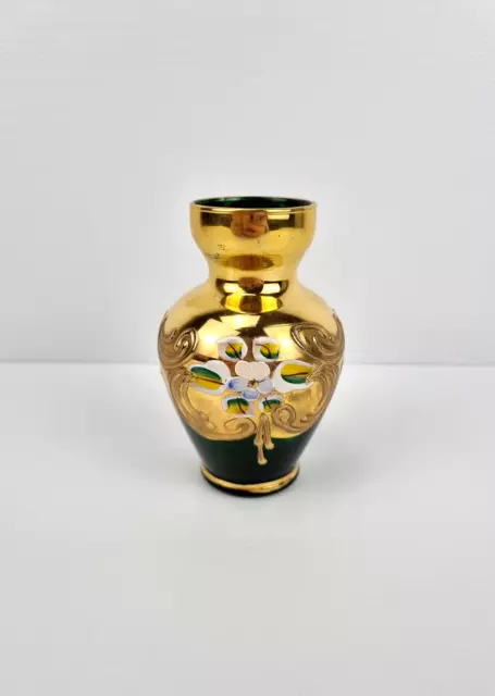 Vintage Bohemia Glass Small Green & Gold Hand Painted Floral Vase 1960s VGC