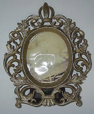 Victorian Picture Photograph FRAME Cast Iron Metal Gold Oval Ornate Easel Back