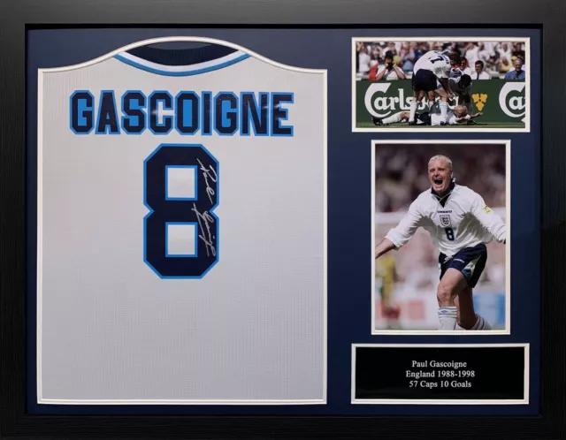 Framed Paul Gascoigne Signed England Euro 96 Football Shirt With Coa Proof Gazza