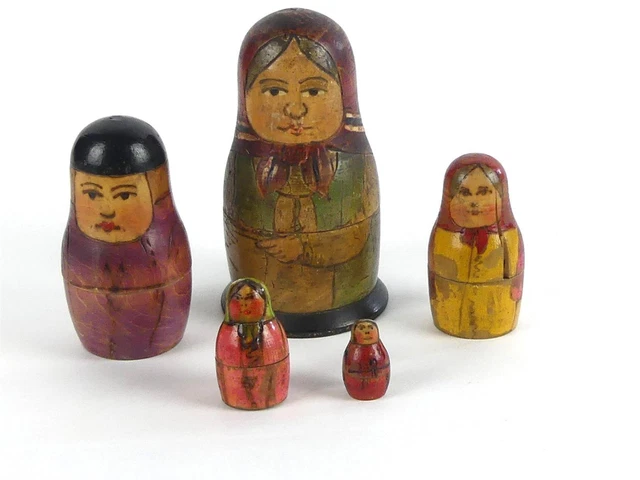 uralte russische Matrioschka aus Holz 5 tlg. um 1900 Matroschka (W)