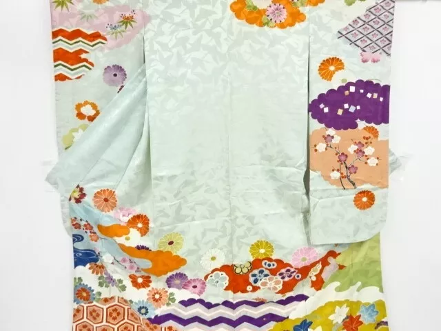 84860# Japanese Kimono / Antique Furisode / Cloud & Floral Classical Pattern