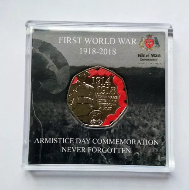 2018 Remembrance Poppy ISLE OF MAN 50 Pence Colored Armistice Day WW1 Unc Coin