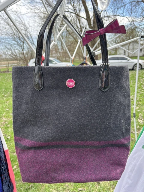 Coach Wool Stripe North South Tote Bag Passion Berry Purple Purse