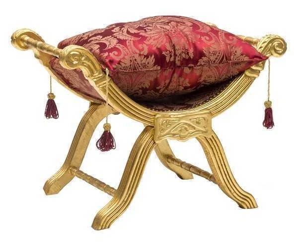 Tabouret Savonarola Baroque Style Louis XVI - Bois Feuille Or, Velours Damas - Neuf