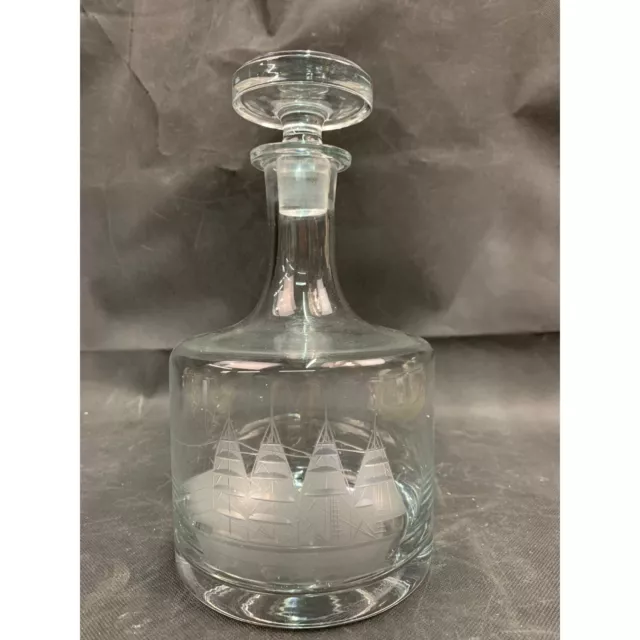 1970 Glass Decanter & Stopper 4 mast sailing ship Clipper by Toscany Etched