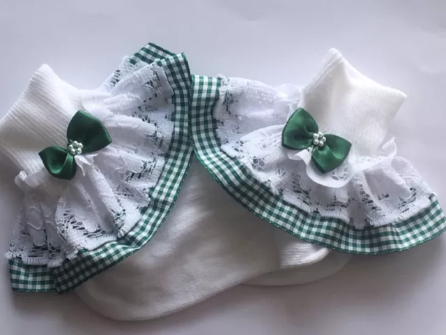 Handmade green gingham white frilly ankle socks baby/girl