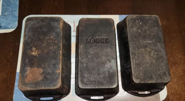 Vintage LODGE USA Cast Iron Bread Loaf Pans  10"X5"X3" Old Strait Logo Set Of 3