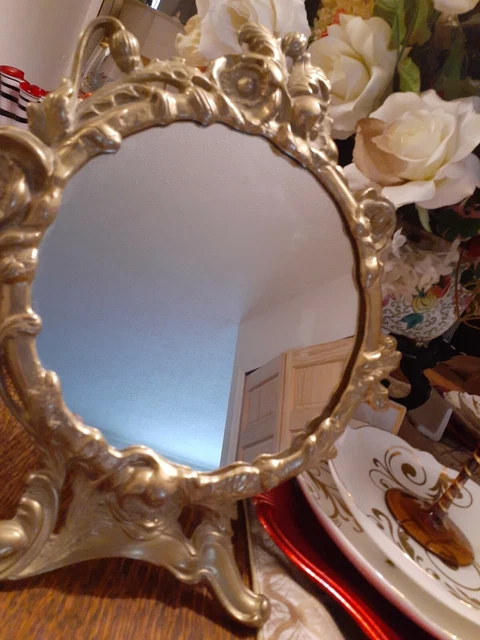 Vintage Round Table Top Mirror in Ornate Brass  Metal Stand