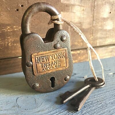 New York Insane Asylum Working Cast Iron Lock W/ 2 Keys W/ Rusty Antique Finish