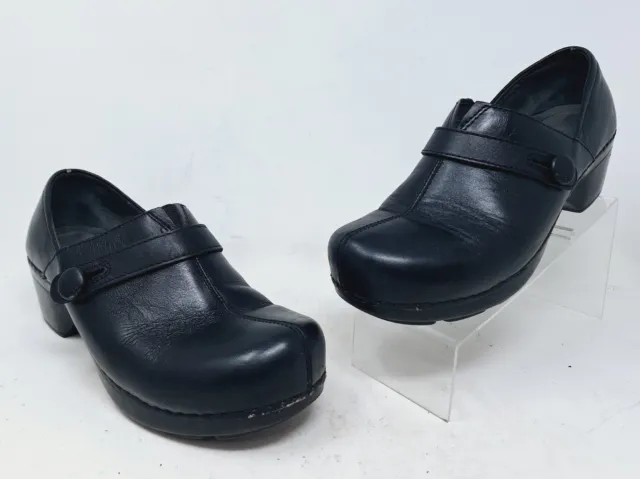 Dansko Womens Solstice Heeled Clog Black Leather Slip On Shoe 39 US 8.5
