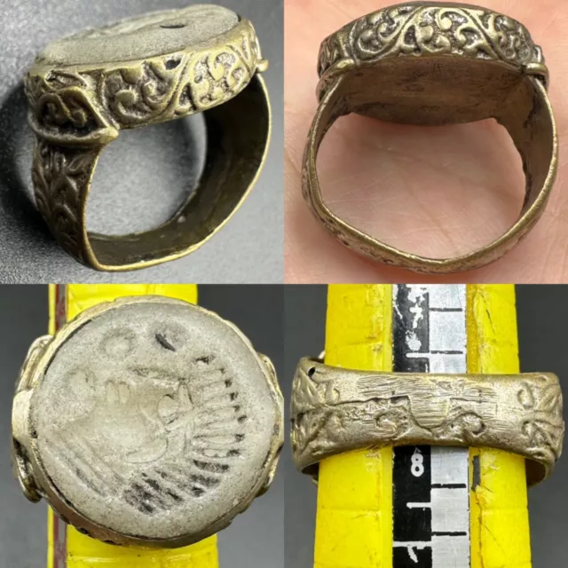 Unique Ancient Roman Agate intaglio beautiful Old bronze Ring