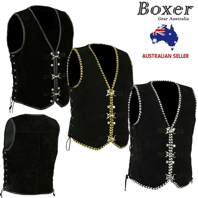 Men Motorcycle Motorbike Braided Trim Suede Leather Vest waistcode buckle clasps