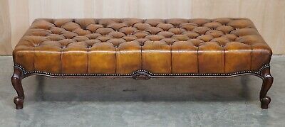 Huge Fully Restored Chesterfield Hand Dyed Brown Leather Hearth Footstool 2