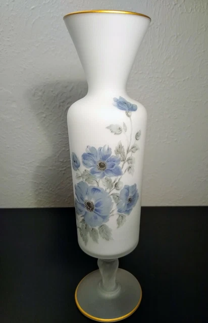 Norleans Italian Frosted Vase W/Hand-Painted Blue Floral Pattern 10"H