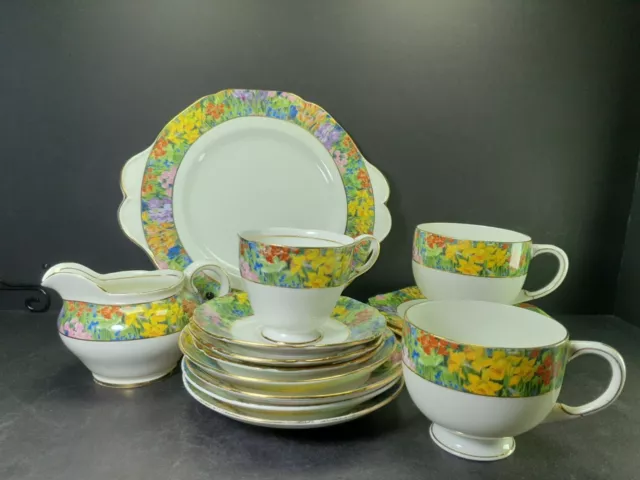 Beautiful Vintage Paragon Bone China Cups Saucers Milk Jug Springtime