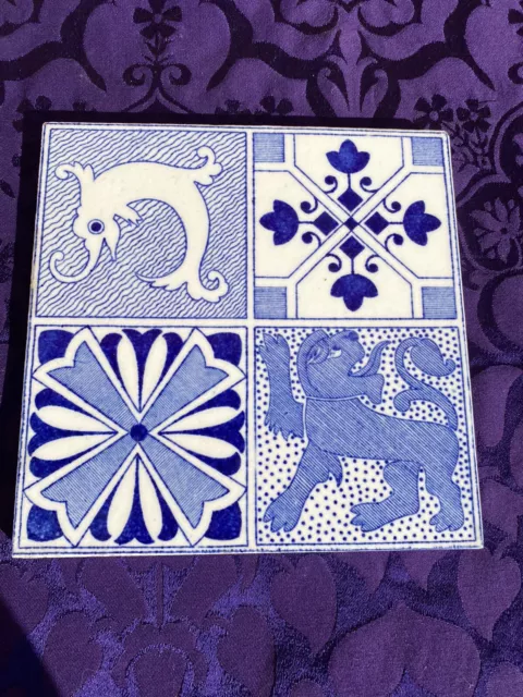 Lovely Stylish Antique Quartered Arts & Crafts Tile Featuring Seahorse, Lion (5)