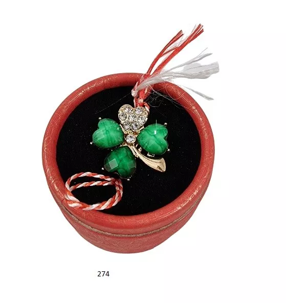 Martisor Trifoi Märzchen,Charm, Brosche Anhänger als Kleeblatt aus Metall in Box