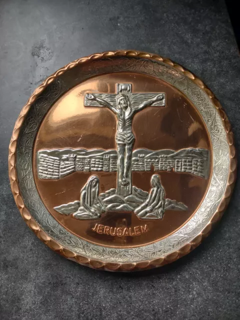 David Miro Handmade Copper Silverplate Jesus Christ Jerusalem Plate 8"