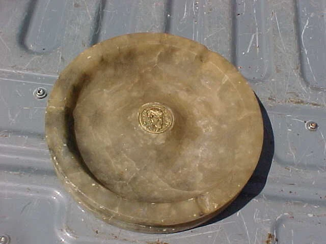 antique art deco ash TRAY GENUINE HAND CARVED ALABASTER MADE IN ITALY BRASS COIN