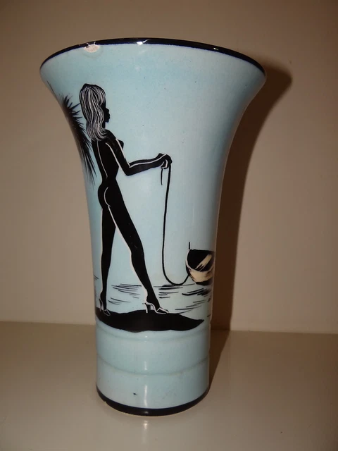 Rare Vase Bleu à décor de Silhouette noire de Pin Up 1950 signé Ceramica Monaco