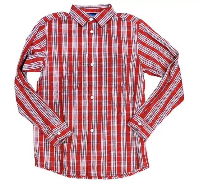 IZOD Boy's 14/16 Large Husky Plaid Long Sleeve Button Front Shirt Red White Blue
