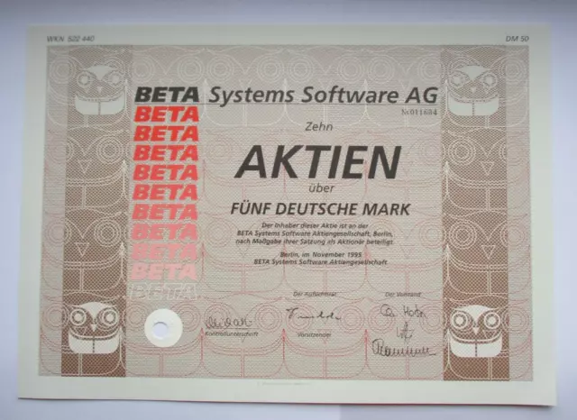 W(49) BETA Systems Software AG, 10 Aktien zu 5DM,Nov.95, Sammlerst., entwertet