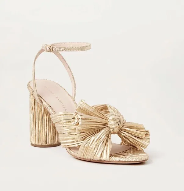 LOEFFLER RANDALL CAMELLIA Gold Pleated Bow Heel Sandals New $395 Retail ...