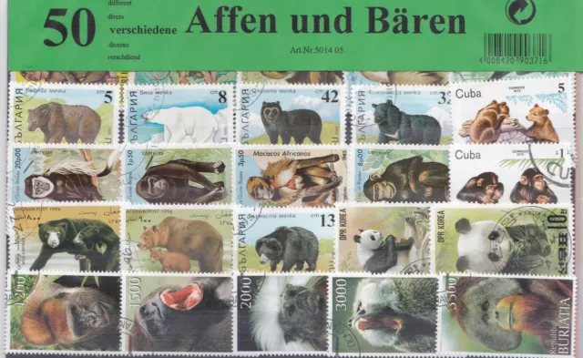 50 Briefmarken Säugetiere,Affen,Bären,Gorilla,Schimpansen,Orang-Utan,Braunbär