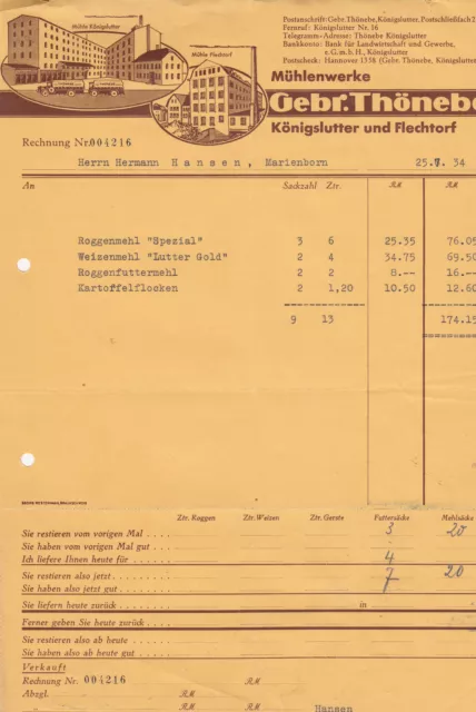 Alte Rechnung 1934 Mühlenwerke Gebr. Thönebe Hannover Litho rar