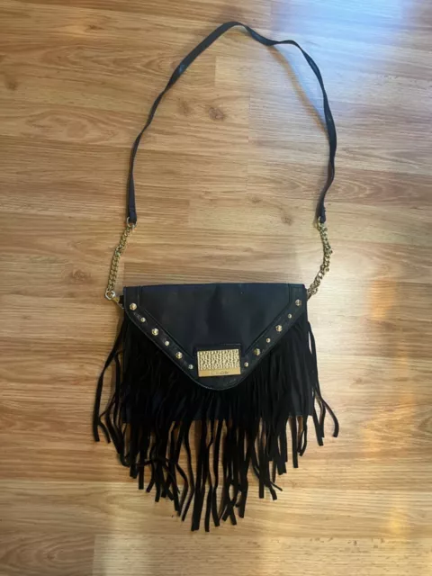 Bebe Sevda Black Faux Leather Fringe Clutch Gold Studded Bag Purse