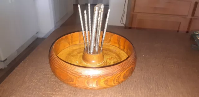 VTG Mid-Century Modern Classic Wooden Nut Cracker Bowl Set/5 Picks
