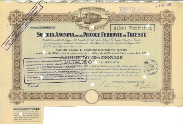 Azione Fondazionale TRIESTE Società Anonima Piccole Ferrovie. Trieste 30.6.1926