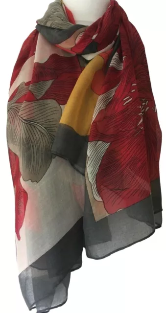 Grey Scarf Ladies Floral Red Mustard Yellow Beige Large Flowers Wrap Shawl