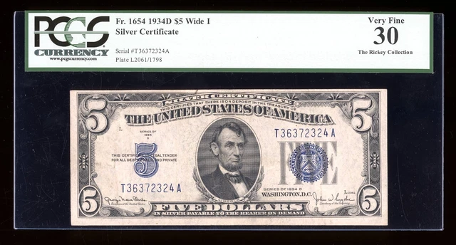 DBR 1934-D $5 Silver Fr. 1654Wi Wide I TA Block PCGS 30 Serial T36372324A