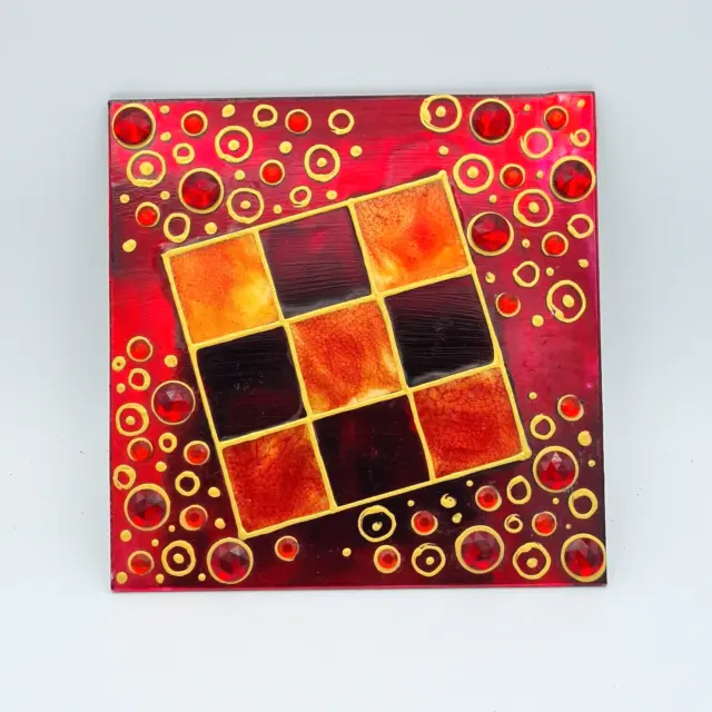 Unique Handmade Artist Signed Wall Art tile/table top mat, red, gold, 2008
