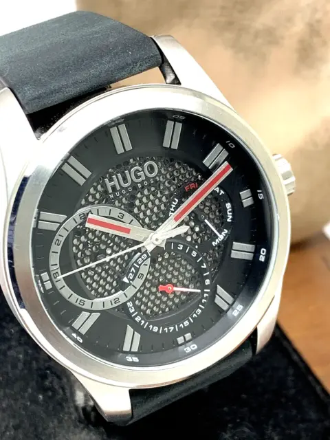 Hugo Boss Men's Watch 1530189 Quartz Silver Black Dial Leather Band 44mm