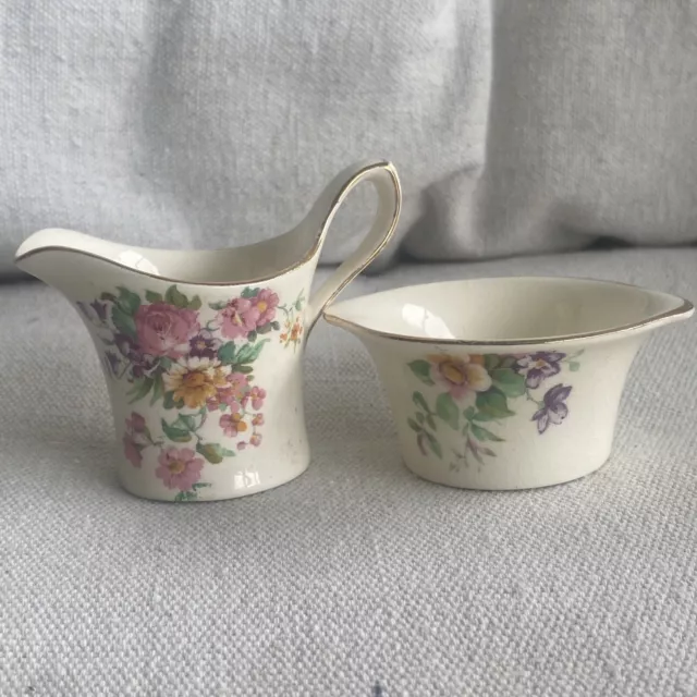 Royal Winton Grimwades Mini Creamer & Sugar w/Gold Rim Made in England 1930 Vtg