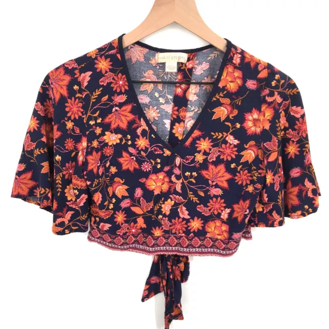 Band of Gypsies Cropped wrap Tie Blouse Navy Floral boho festival shirt S womens