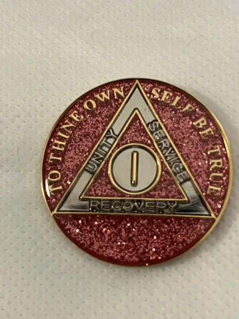 Alcoholics Anonymous 1 Year Pink Glitter  Tri-plate Token Coin Medallion AA