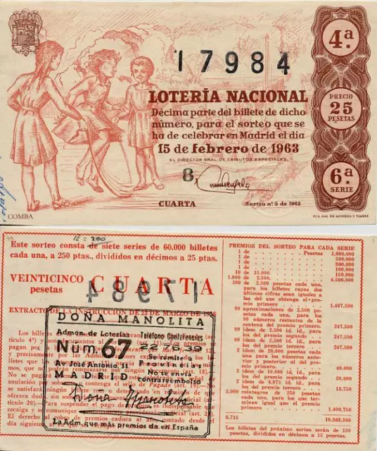 Año 1963. 25 Pesetas Décima parte del billete. 15 de Febrero. Sorteo 5. 6ª Serie