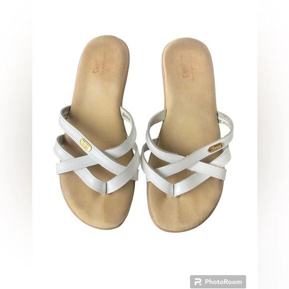 Bass Sunjuns Sharon white leather thong flip flop. 7.5
