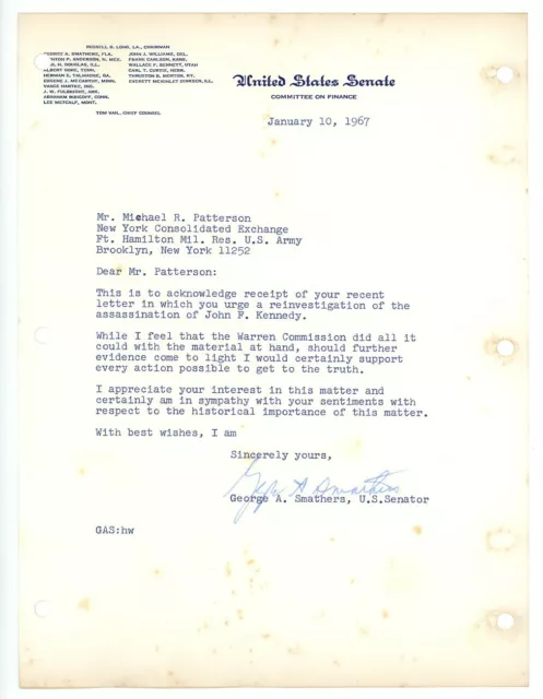 U.S. SENATOR GEORGE SMATHERS signed 1967 TLS letter WARREN COMMISSION JFK