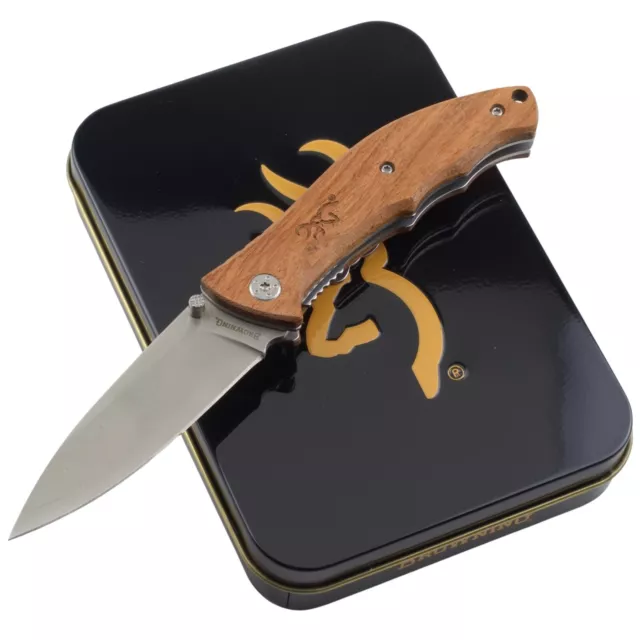 Browning Brown Wood Linerlock Folding Pocket Knife with Gift Tin