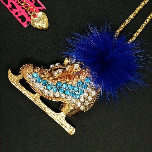 New  Betsey Johnson Blue plush ball skates Bling rhinestone Long Chain Necklace
